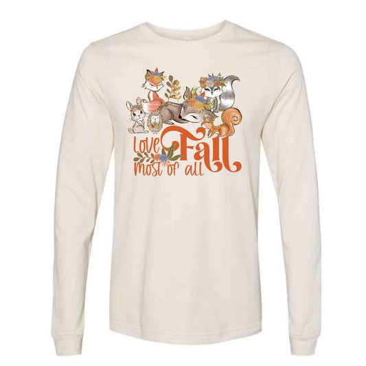Fall Long Sleeve Tee, I Love Fall Most of All with Woodland Animals Design on premium unisex long sleeve tee, 3x plus size long sleeve