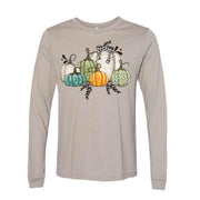 Fall Long Sleeve Tee, Pretty Fall Pumpkins, Chic Pumpkins with Dots Design on premium unisex long sleeve tee, 3x plus size long sleeve