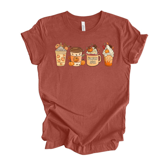 Cute Fall Coffee Drinks, Pumpkin Spice Coffee, Coffee Drinks Design on premium unisex shirt, 3 color choices, 3x Fall, 4x Fall, plus sizes