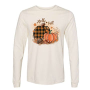 Fall Long Sleeve Tee, Hello Fall, Pretty Buffalo Plaid Pumpkin Design on premium unisex long sleeve tee, 3x plus size long sleeve