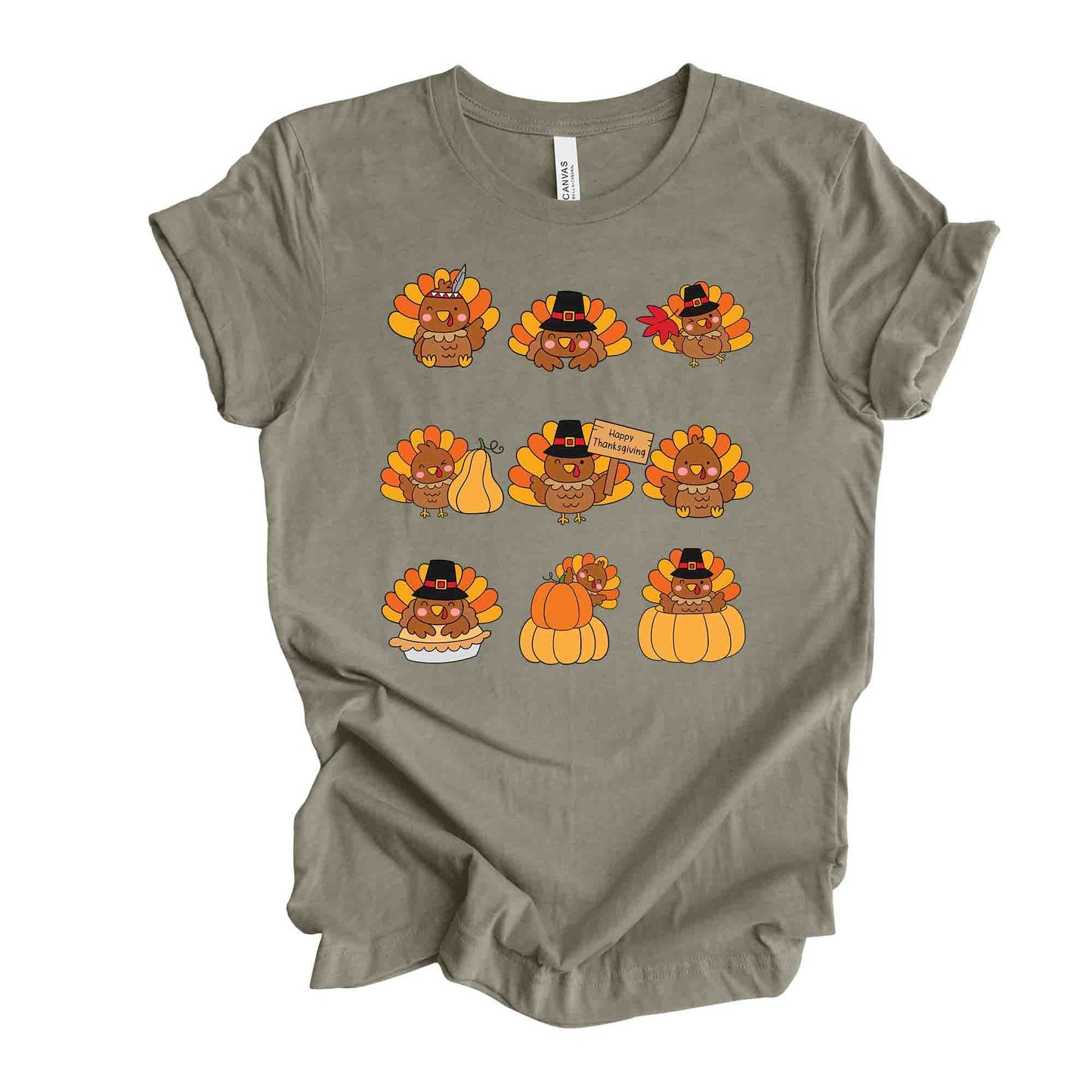 Thanksgiving Tee, Cute Thanksgiving Turkeys in a Row, Turkeys and Pumpkins on premium unisex shirt, 4 color choices, plus sizes available