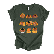 Thanksgiving Tee, Cute Thanksgiving Turkeys in a Row, Turkeys and Pumpkins on premium unisex shirt, 4 color choices, plus sizes available