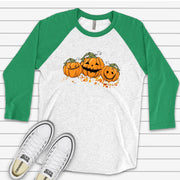 Fall Raglan, Super Cute Smiling Pumpkins, Trio of Cute Pumpkins Design on premium Raglan 3/4 sleeve shirt, plus size, 2X, 3X