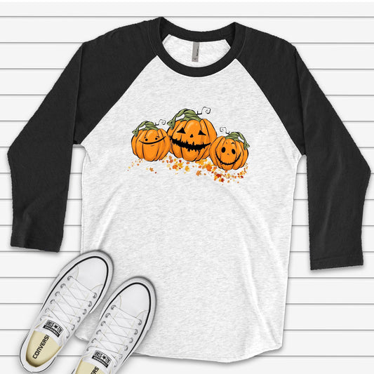 Fall Raglan, Super Cute Smiling Pumpkins, Trio of Cute Pumpkins Design on premium Raglan 3/4 sleeve shirt, plus size, 2X, 3X