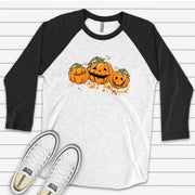 Fall Raglan, Super Cute Smiling Pumpkins, Trio of Cute Pumpkins Design on premium Raglan 3/4 sleeve shirt, plus size, 2X, 3X