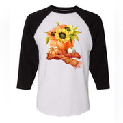 Fall Raglan, Pretty Fall Pumpkin with Sunflowers and Scarf Design on premium Raglan 3/4 sleeve shirt, plus size, 2X raglan, 3X raglan