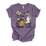 Fun Halloween Tee, Super Cute Halloween Gnomes Trick or Treat design, premium unisex shirt, 3 color choices, 3x Fall, 4x Fall, Plus Sizes