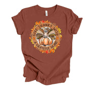 Thanksgiving Tee, Give Thanks With A Grateful Heart, Turkey and Pumpkin Design on premium unisex shirt, 4 color choices, 3x fall, 4x fall