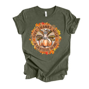 Thanksgiving Tee, Give Thanks With A Grateful Heart, Turkey and Pumpkin Design on premium unisex shirt, 4 color choices, 3x fall, 4x fall