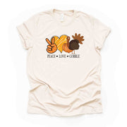 Thanksgiving Tee, PEACE LOVE GOBBLE, Cute Thanksgiving Turkey Design on premium unisex shirt, 4 color choices, 3x fall, 4x fall