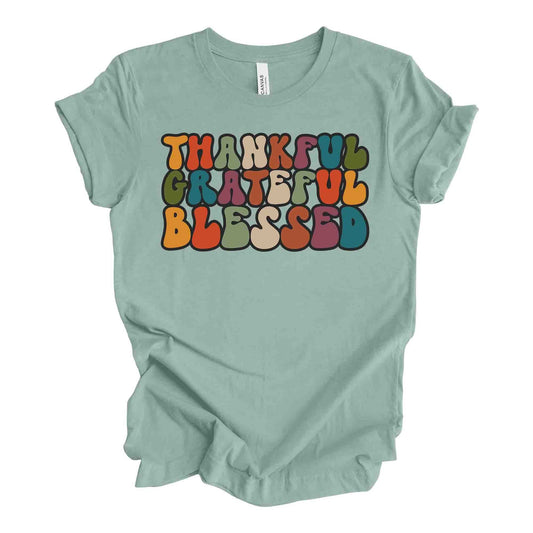 Thanksgiving Tee, Thankful Grateful Blessed, Retro Thanksgiving Tee Design on premium unisex shirt, 4 color choices, 3x fall, 4x fall
