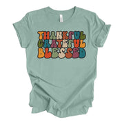 Thanksgiving Tee, Thankful Grateful Blessed, Retro Thanksgiving Tee Design on premium unisex shirt, 4 color choices, 3x fall, 4x fall