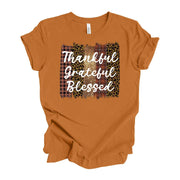 Thanksgiving Tee, Thankful Grateful Blessed in Plaid & Leopard Print Design on premium unisex shirt, 4 color choices, 3x fall, 4x fall