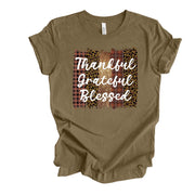 Thanksgiving Tee, Thankful Grateful Blessed in Plaid & Leopard Print Design on premium unisex shirt, 4 color choices, 3x fall, 4x fall