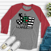 Christmas Raglan, Super Cute JOY to the World, Plaid Ornament JOY Design on premium Raglan 3/4 sleeve shirt, plus size, 2X, 3X