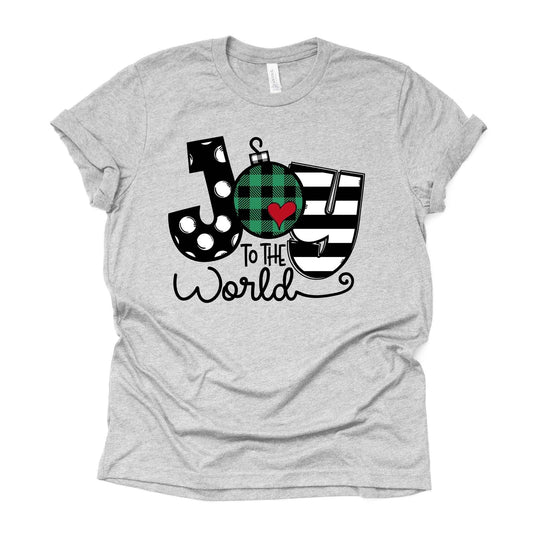 Christmas Christian Tee, Super Cute JOY to the World, Plaid JOY Ornament Design on premium cotton unisex shirt, plus sizes, 2x, 3x, 4x
