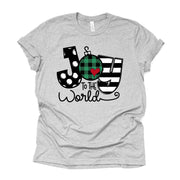 Christmas Christian Tee, Super Cute JOY to the World, Plaid JOY Ornament Design on premium cotton unisex shirt, plus sizes, 2x, 3x, 4x