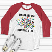 Christmas Raglan, Funny Christmas, Tangled Christmas Lights, Everything Is Fine Design on premium Raglan 3/4 sleeve shirt, plus size, 2X, 3X