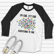 Christmas Raglan, Funny Christmas, Tangled Christmas Lights, Everything Is Fine Design on premium Raglan 3/4 sleeve shirt, plus size, 2X, 3X