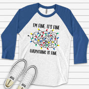 Christmas Raglan, Funny Christmas, Tangled Christmas Lights, Everything Is Fine Design on premium Raglan 3/4 sleeve shirt, plus size, 2X, 3X