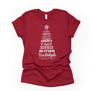 Christmas Tee, Super Cute Reindeer Names,  Santa's Reindeer Names Design on premium Bella + Canvas unisex shirt, 3 color choices, plus sizes