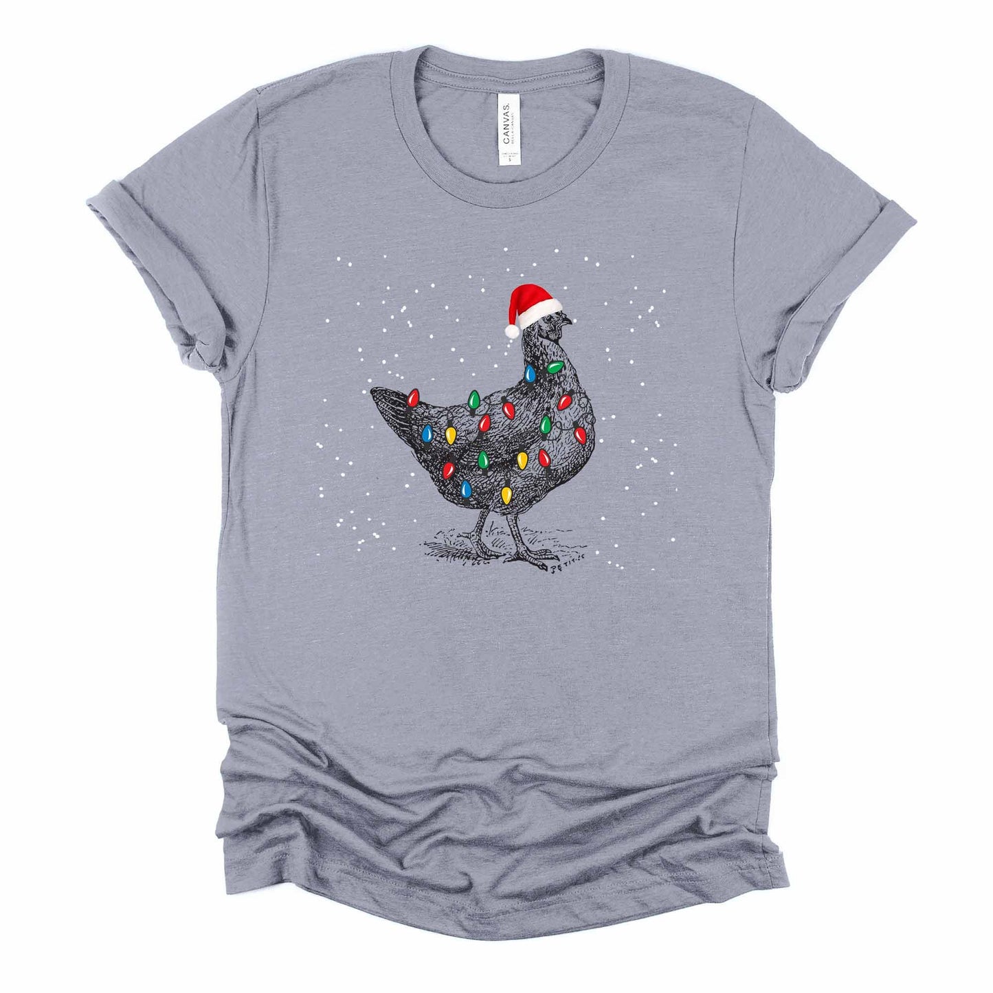 Christmas Tee, Cute Christmas Chicken with Santa Hat and Lights Design on premium Bella + Canvas unisex shirt, 3 color choices, plus sizes