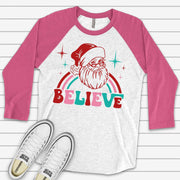 Christmas Raglan, Super Cute Retro Santa BELIEVE, Retro Santa and Believe Design on premium Raglan 3/4 sleeve shirt, plus size, 2X, 3X