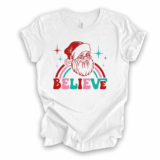 Christmas Tee, Super Cute Retro Santa with Believe,  Retro Santa and Believe Design on premium cotton unisex shirt, plus sizes, 2x, 3x, 4x