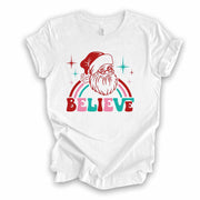 Christmas Tee, Super Cute Retro Santa with Believe,  Retro Santa and Believe Design on premium cotton unisex shirt, plus sizes, 2x, 3x, 4x