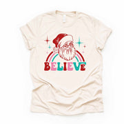 Christmas Tee, Super Cute Retro Santa with Believe,  Retro Santa and Believe Design on premium cotton unisex shirt, plus sizes, 2x, 3x, 4x