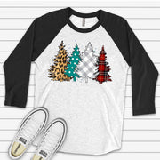 Christmas Raglan, Cute Modern Christmas Trees, Leopard & Plaid Trees Design on premium Raglan 3/4 sleeve shirt, plus size, 2X, 3X