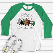 Christmas Raglan, Rockin' Around The Christmas Tree with Christmas Trees Design on premium Raglan 3/4 sleeve shirt, plus size, 2X, 3X