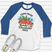 Christmas Raglan, Farm Fresh Christmas Trees on Old Red Farm Truck Design on premium Raglan 3/4 sleeve shirt, plus size, 2X, 3X