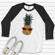 Christmas Raglan, Super Cute Christmas Pineapple, Pineapple & Christmas Lights Design on premium Raglan 3/4 sleeve shirt, plus size, 2X, 3X