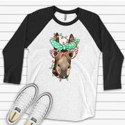 Christmas Raglan, Super Cute Christmas Donkey, Donkey With Christmas Lights Design on premium Raglan 3/4 sleeve shirt, plus size, 2X, 3X