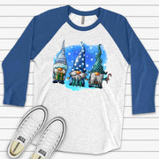 Christmas Raglan, Super Cute Christmas Gnomes, Blue Christmas Gnomes Design on premium Raglan 3/4 sleeve shirt, plus size, 2X, 3X
