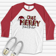 Christmas Raglan, Leopard & Buffalo Plaid Merry Teacher, Christmas Teacher Design on premium Raglan 3/4 sleeve shirt, plus size, 2X, 3X