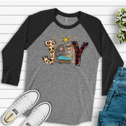 Christmas Raglan, Christian JOY with Manger Scene, Baby Jesus and JOY Design on premium Raglan 3/4 sleeve shirt, plus size, 2X, 3X