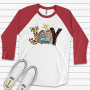 Christmas Raglan, Christian JOY with Manger Scene, Baby Jesus and JOY Design on premium Raglan 3/4 sleeve shirt, plus size, 2X, 3X
