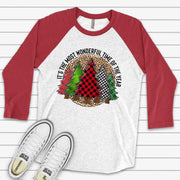 Christmas Raglan, Most Wonderful Time of the Year, Christmas Trees in Plaid Design on premium Raglan 3/4 sleeve shirt, plus size, 2X, 3X