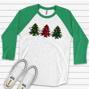Christmas Raglan, Red & Green Plaid Trees with Lights, Plaid Christmas Trees Design on premium Raglan 3/4 sleeve shirt, plus size, 2X, 3X