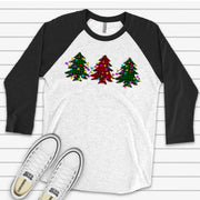 Christmas Raglan, Red & Green Plaid Trees with Lights, Plaid Christmas Trees Design on premium Raglan 3/4 sleeve shirt, plus size, 2X, 3X