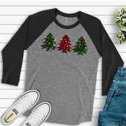Christmas Raglan, Red & Green Plaid Trees with Lights, Plaid Christmas Trees Design on premium Raglan 3/4 sleeve shirt, plus size, 2X, 3X