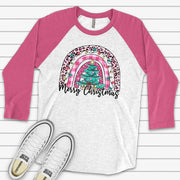 Christmas Raglan, Super Cute Christmas Rainbow in Pink & Teal, Merry Christmas Design on premium Raglan 3/4 sleeve shirt, plus size, 2X, 3X