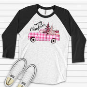 Christmas Raglan, Cute Pink Plaid Christmas Truck, Merry Christmas Plaid Truck Design on premium Raglan 3/4 sleeve shirt, plus size, 2X, 3X