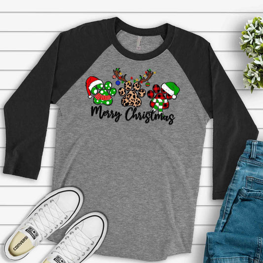 Christmas Raglan, Cute Christmas Dog Paws, Plaid and Leopard Christmas Paws Design on premium Raglan 3/4 sleeve shirt, plus size, 2X, 3X
