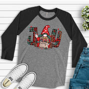 Christmas Raglan, Super Cute JOY Christmas Gnome, Gnome with Christmas Gifts Design on premium Raglan 3/4 sleeve shirt, plus size, 2X, 3X