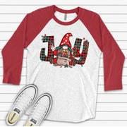 Christmas Raglan, Super Cute JOY Christmas Gnome, Gnome with Christmas Gifts Design on premium Raglan 3/4 sleeve shirt, plus size, 2X, 3X
