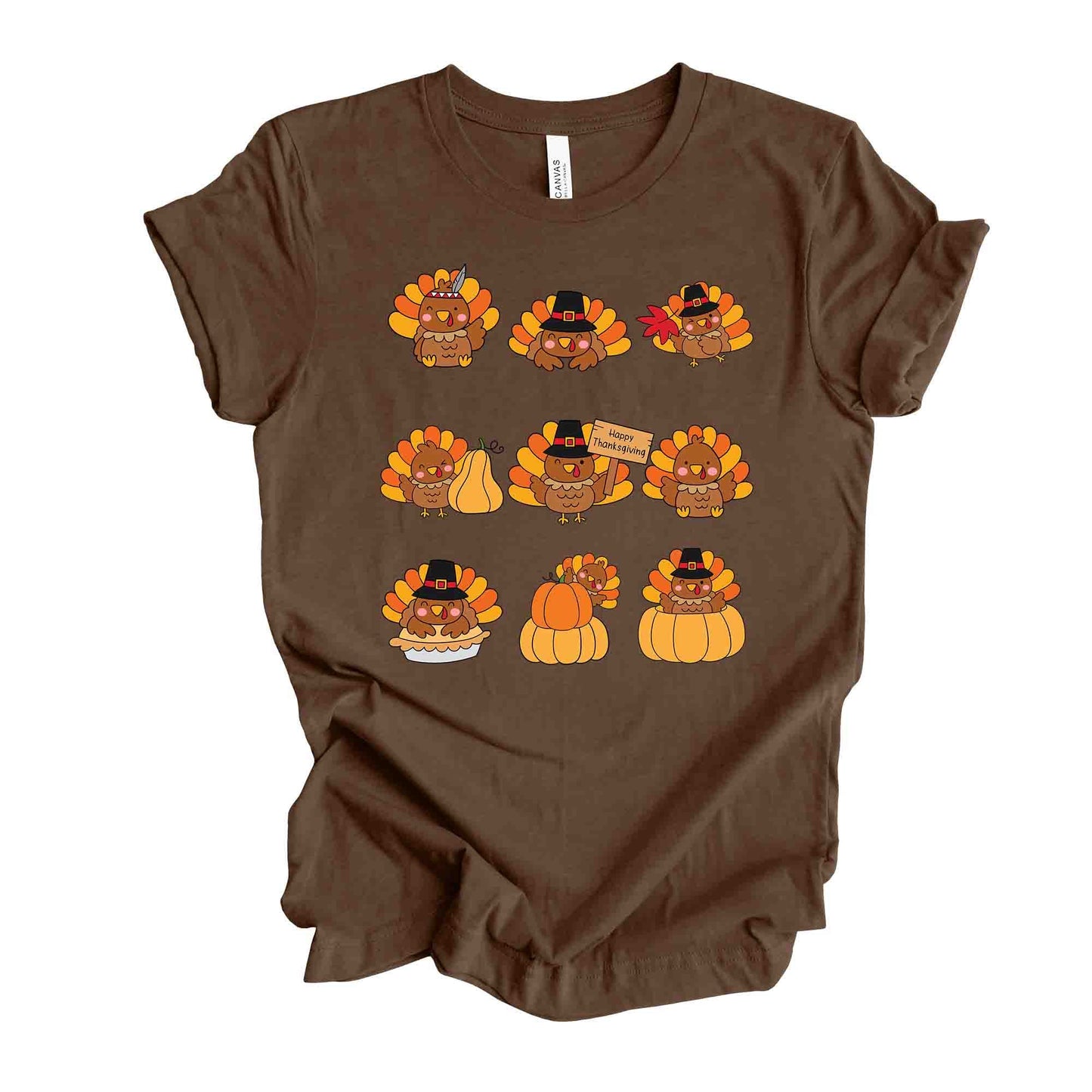 Thanksgiving Tee, Cute Thanksgiving Turkeys in a Row, Turkeys and Pumpkins on premium unisex shirt, 4 color choices, plus sizes available
