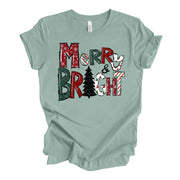 Christmas Tee, Super Fun Merry and Bright with Christmas Tree, Merry Word Art Design on premium cotton unisex shirt, plus sizes, 2x, 3x, 4x